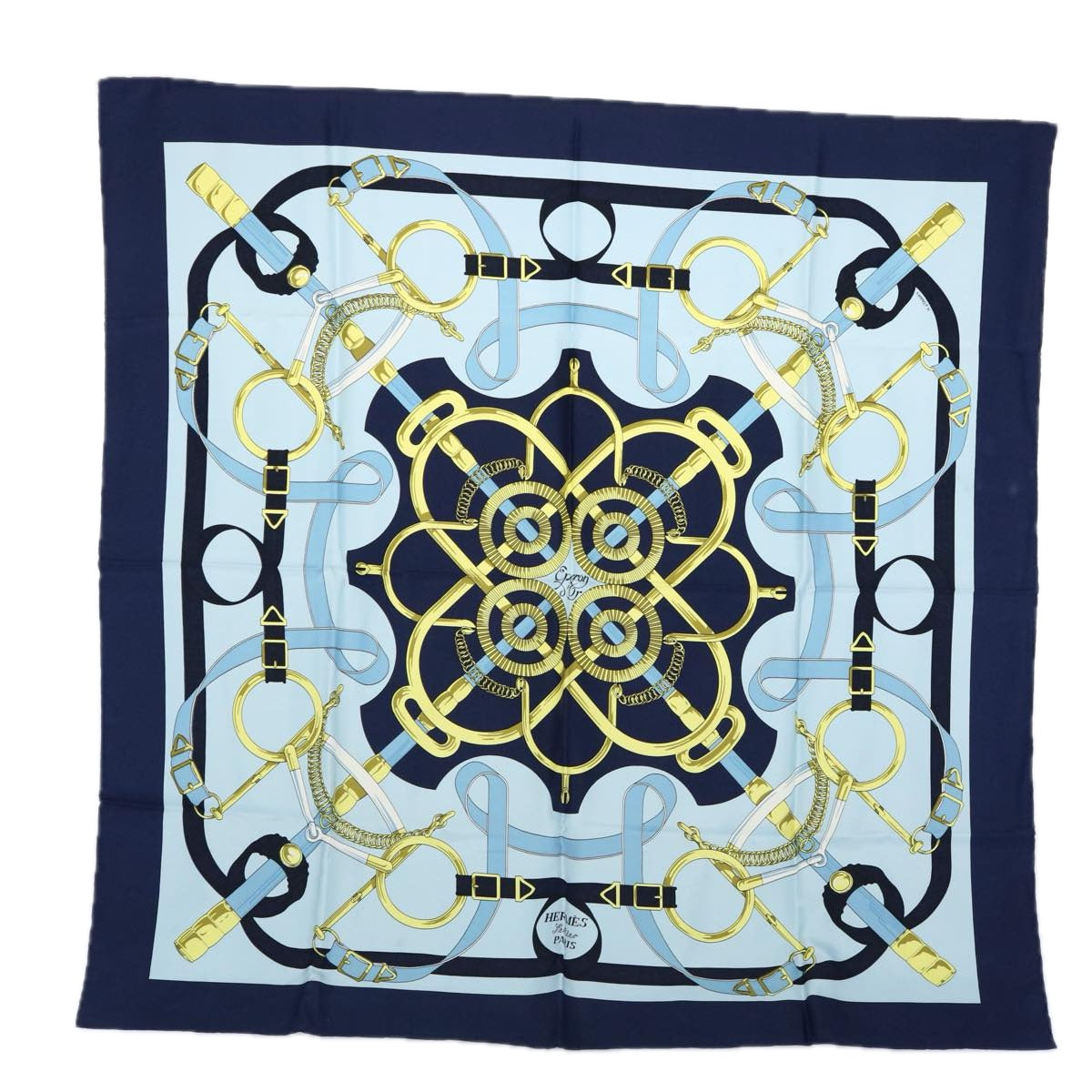 HERMES Carre 90 Eperon d'or Scarf Silk Navy Auth ki3752