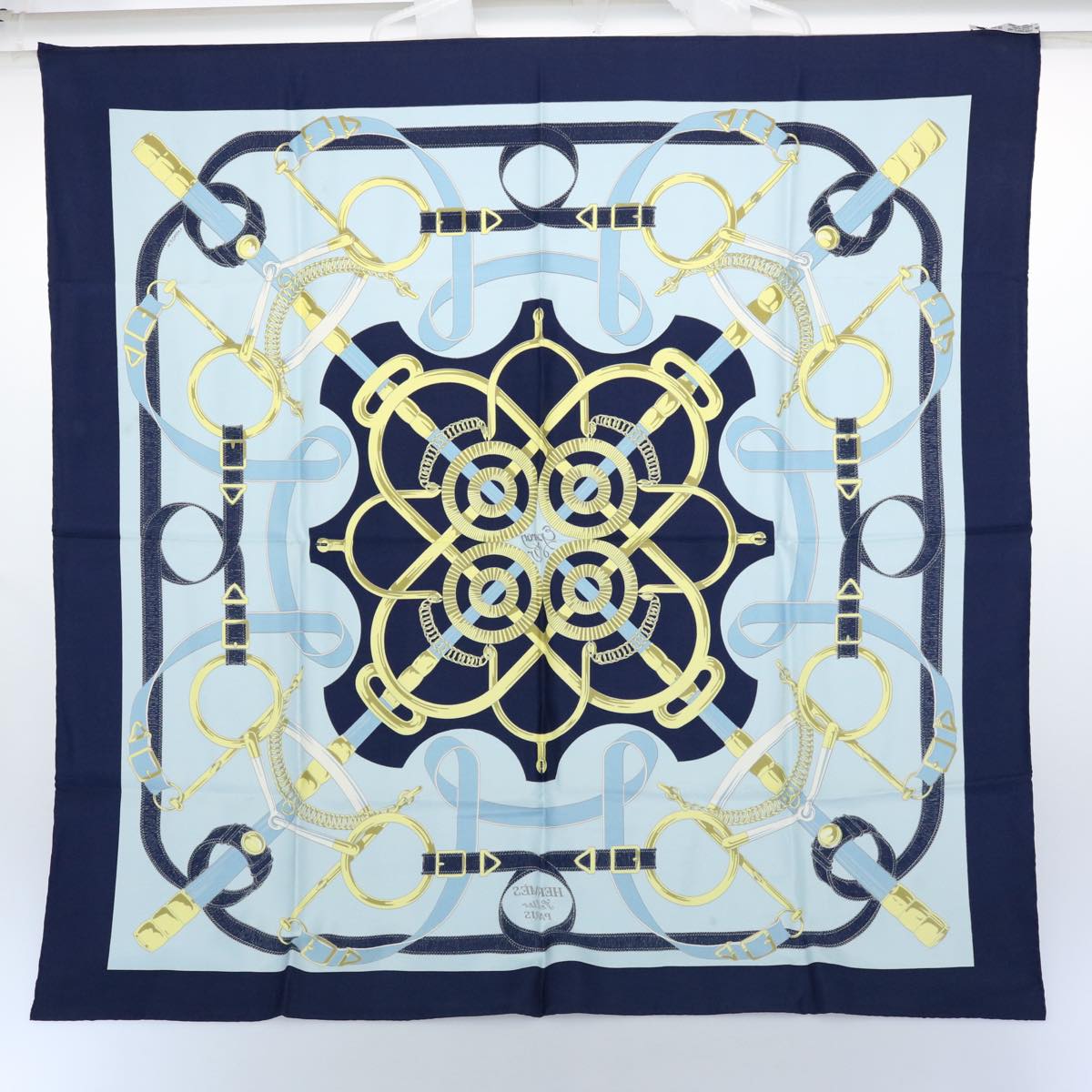 HERMES Carre 90 Eperon d'or Scarf Silk Navy Auth ki3752