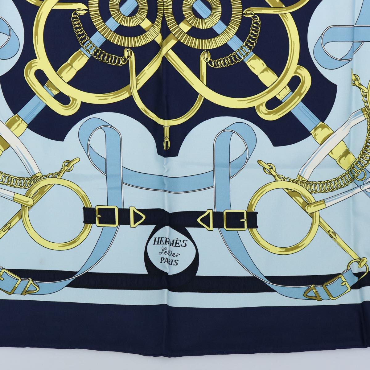 HERMES Carre 90 Eperon d'or Scarf Silk Navy Auth ki3752