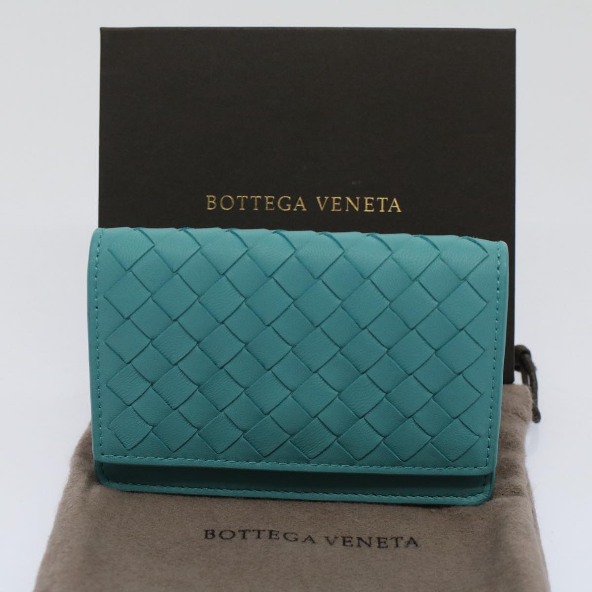 BOTTEGAVENETA INTRECCIATO Card Case Leather Turquoise Blue Auth ki3762