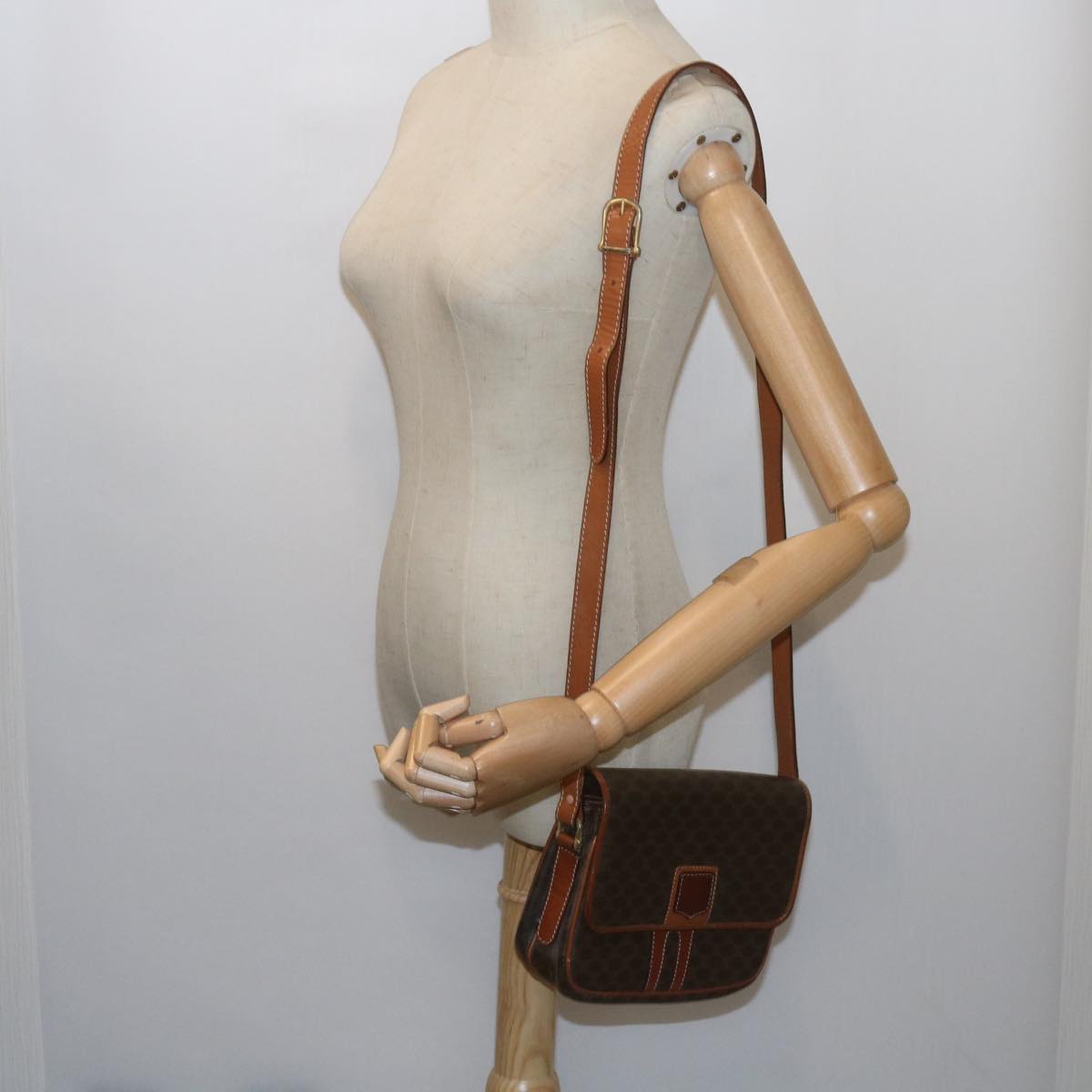 CELINE Macadam Canvas Shoulder Bag PVC Leather Brown Auth ki3841