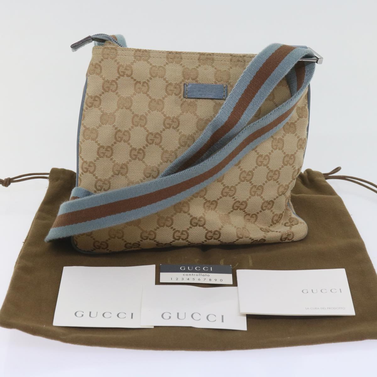 GUCCI GG Canvas Sherry Line Shoulder Bag Brown Light Blue 146309 Auth ki3847