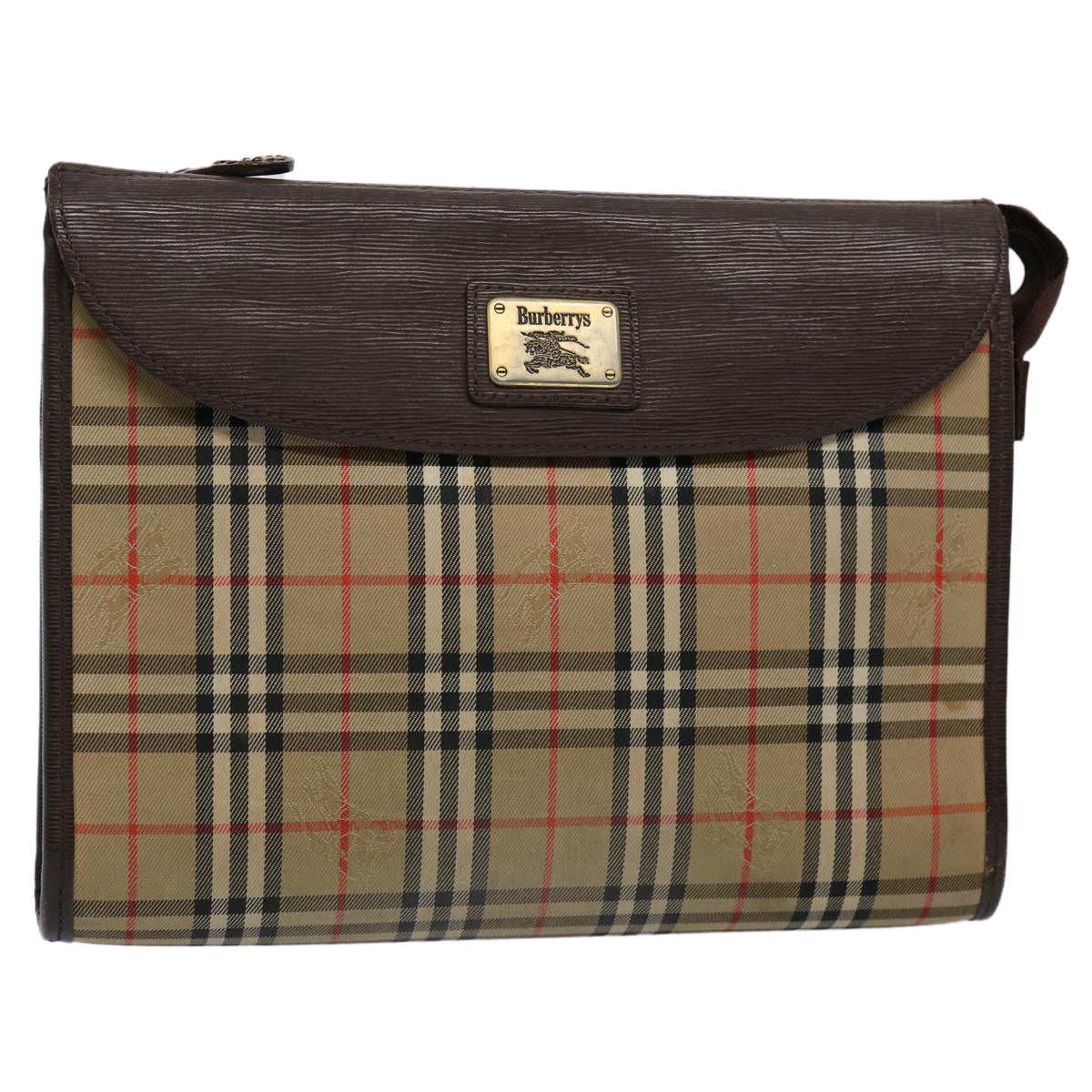 Burberrys Nova Check Clutch Bag Nylon Canvas Brown Auth ki3865