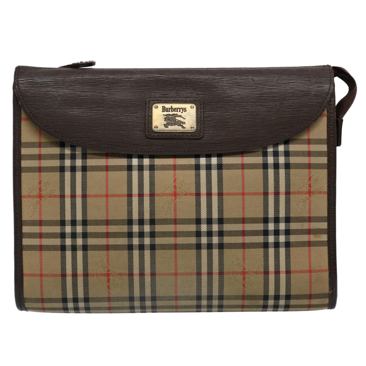 Burberrys Nova Check Clutch Bag Nylon Canvas Brown Auth ki3865