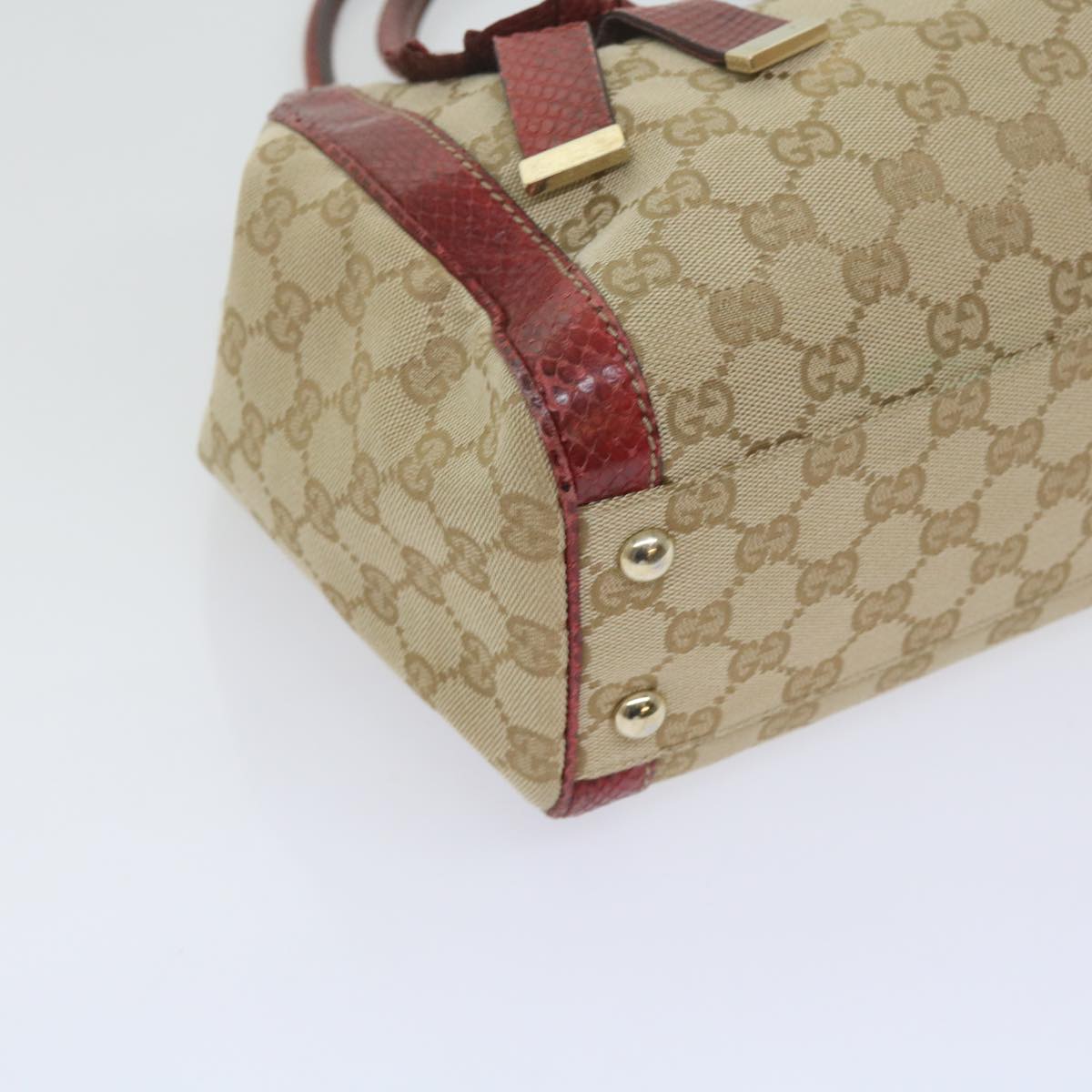 GUCCI GG Canvas Hand Bag Snake leather Beige Red Auth ki3896