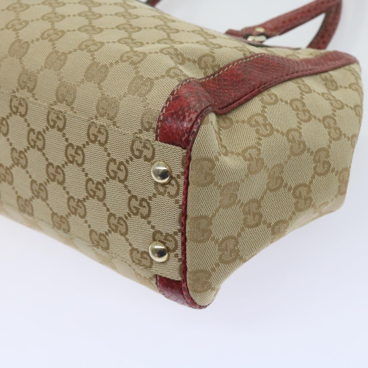 GUCCI GG Canvas Hand Bag Snake leather Beige Red Auth ki3896