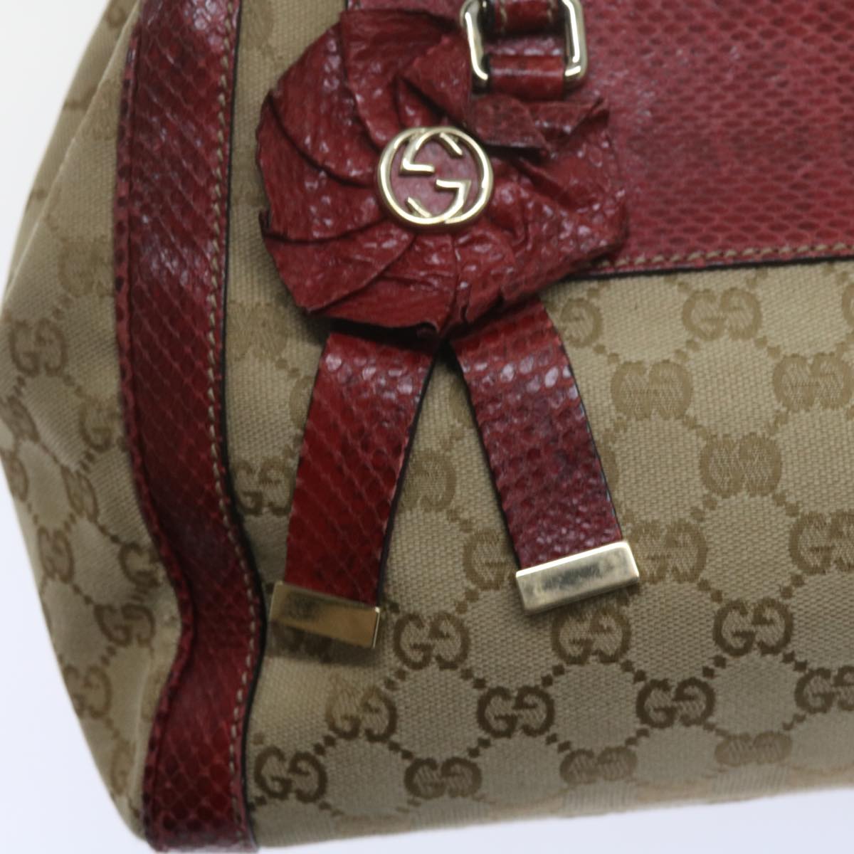 GUCCI GG Canvas Hand Bag Snake leather Beige Red Auth ki3896