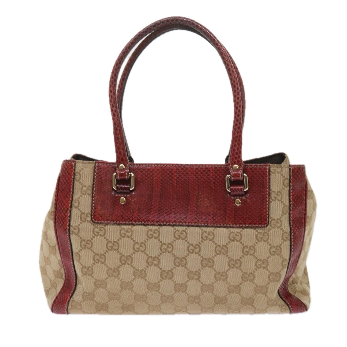 GUCCI GG Canvas Hand Bag Snake leather Beige Red Auth ki3896