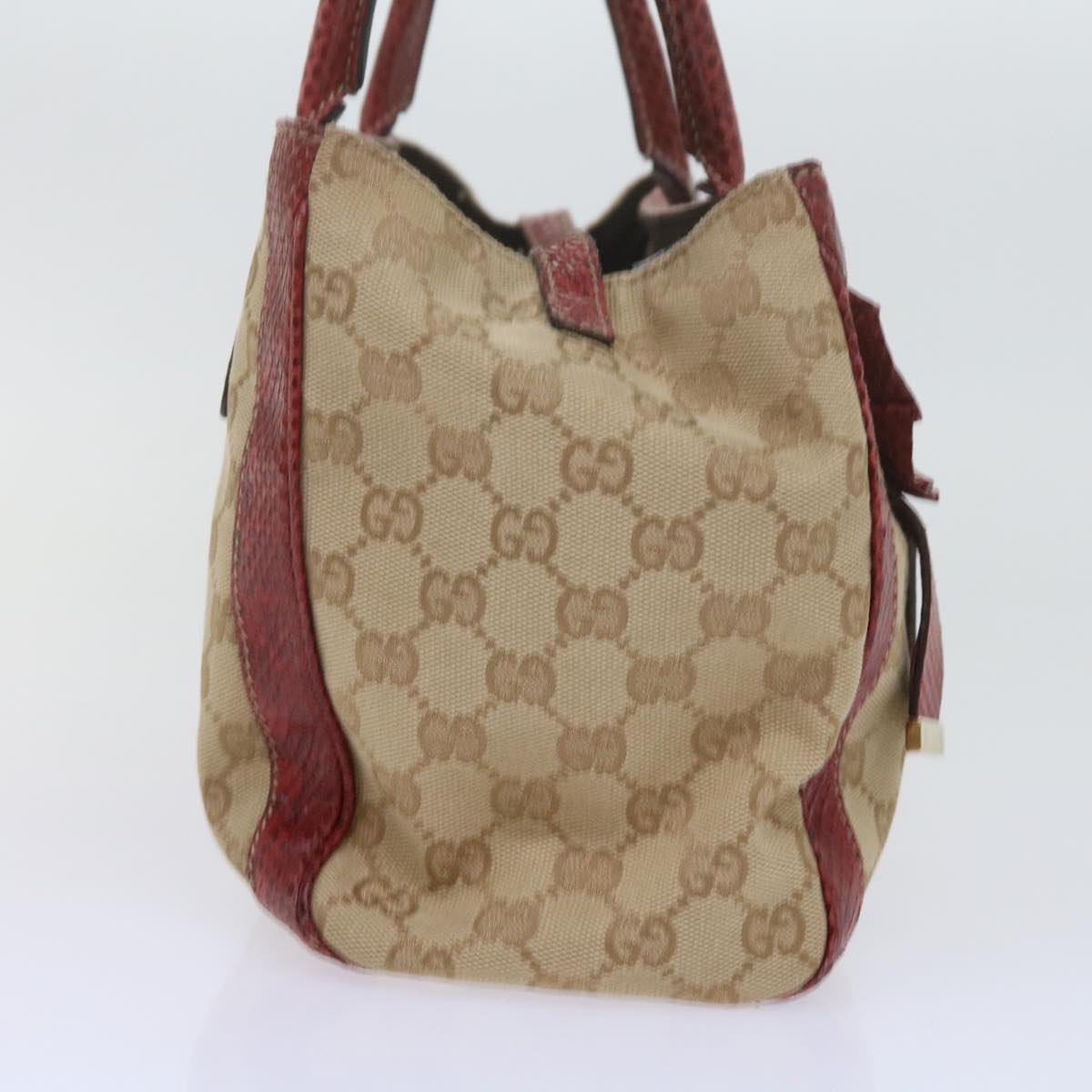 GUCCI GG Canvas Hand Bag Snake leather Beige Red Auth ki3896