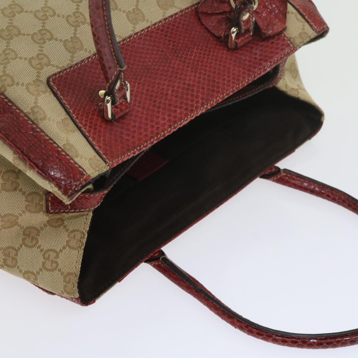 GUCCI GG Canvas Hand Bag Snake leather Beige Red Auth ki3896