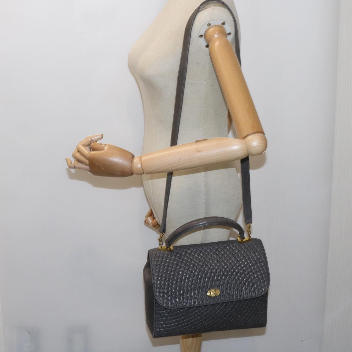 BALLY Matelasse Shoulder Bag Leather 2way Gray Auth ki3923