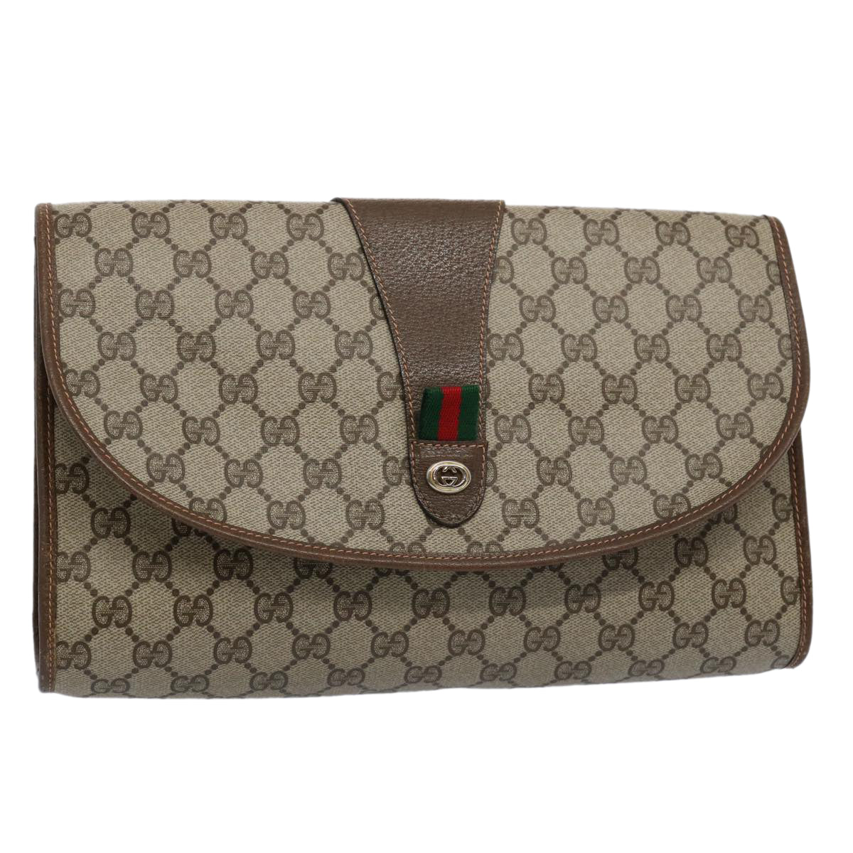 GUCCI GG Supreme Web Sherry Line Clutch Bag Beige Red 156 01 031 Auth ki3943