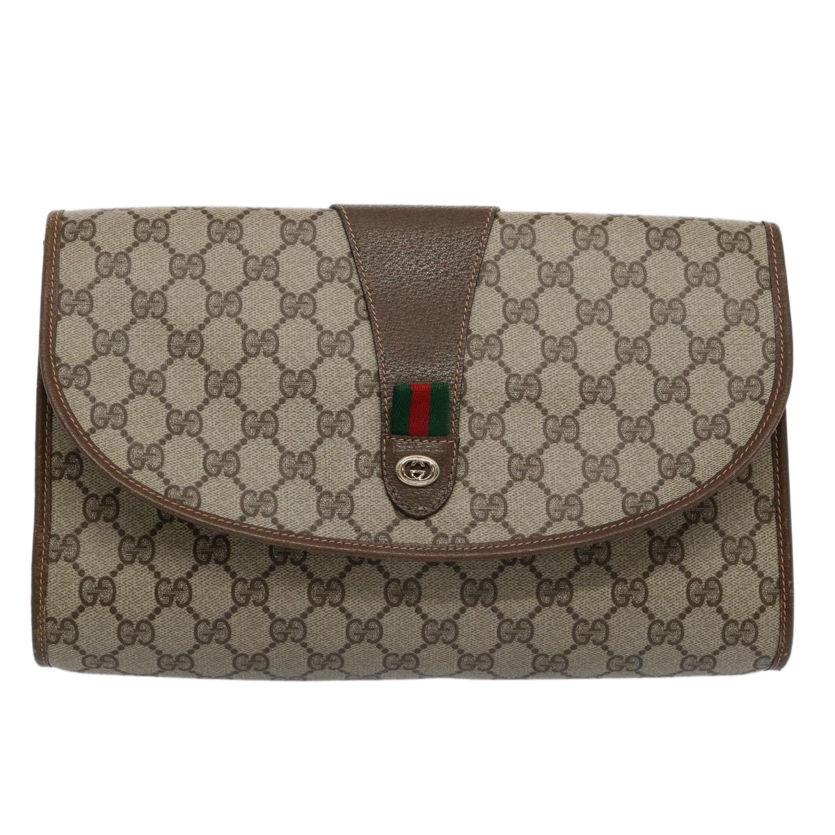 GUCCI GG Supreme Web Sherry Line Clutch Bag Beige Red 156 01 031 Auth ki3943