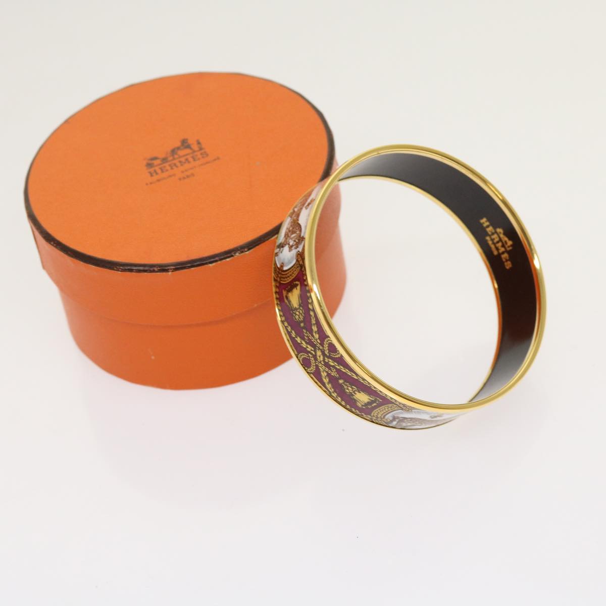 HERMES Emaille GM Bangle Bracelet Metal Cloisonné Red Gold Auth ki3953