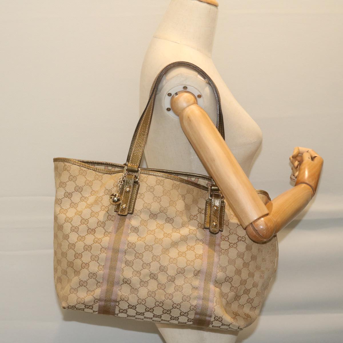 GUCCI GG Supreme Sherry Line Tote Bag Beige Gold pink 139260 Auth ki3995