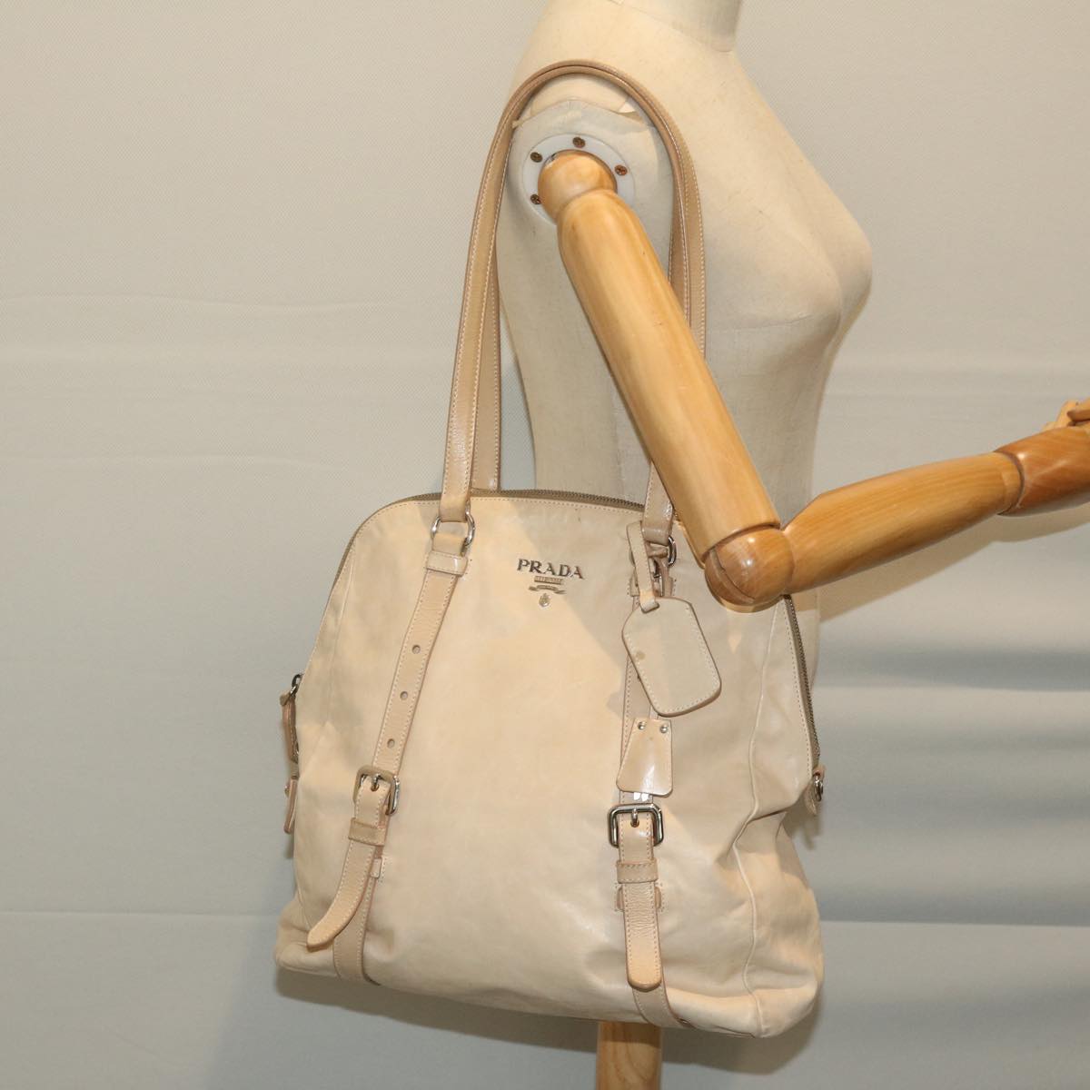 PRADA Tote Bag Leather Beige Auth ki4117