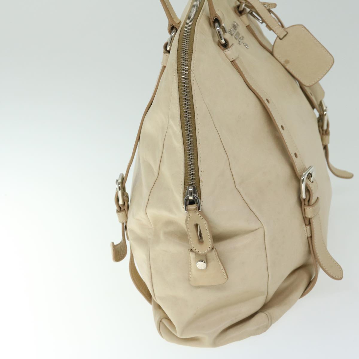 PRADA Tote Bag Leather Beige Auth ki4117