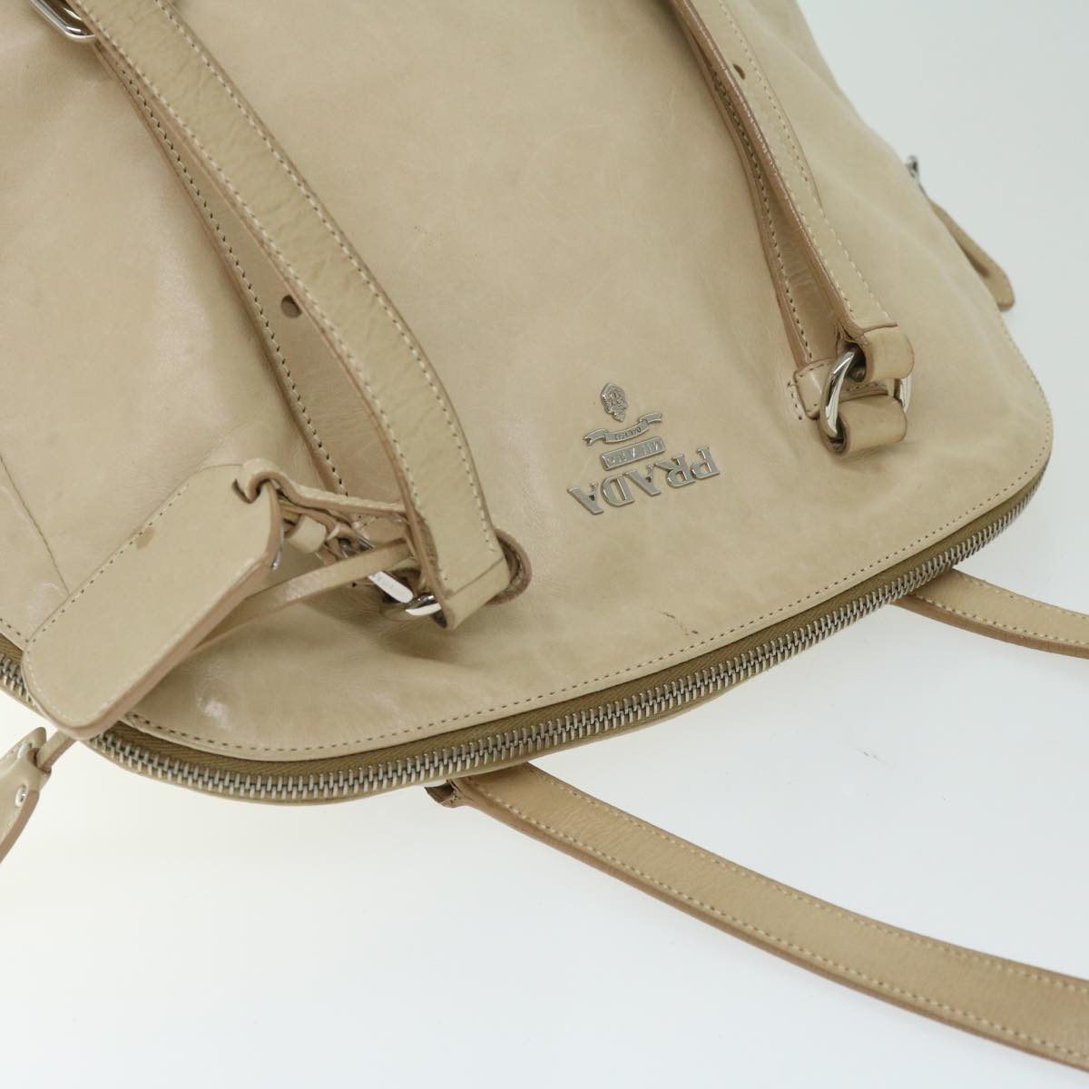 PRADA Tote Bag Leather Beige Auth ki4117