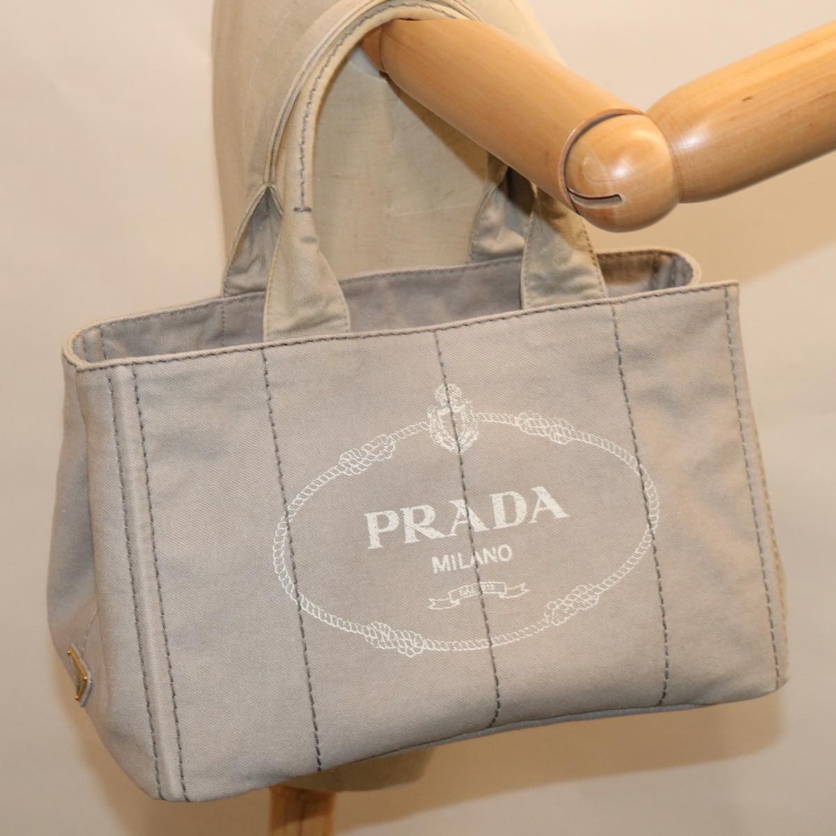 PRADA Canapa MM Hand Bag Canvas Gray Auth ki4125