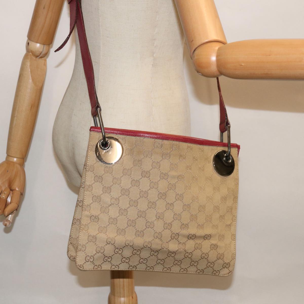 GUCCI GG Canvas Shoulder Bag Beige Red 120841 Auth ki4128