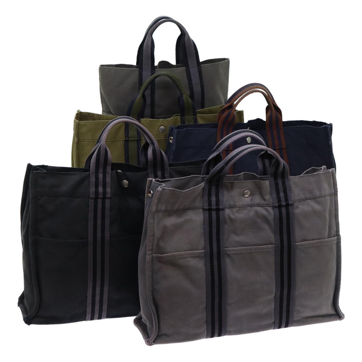 HERMES Fourre Tout Tote Bag Canvas 5Set Khaki Gray Navy Auth ki4180