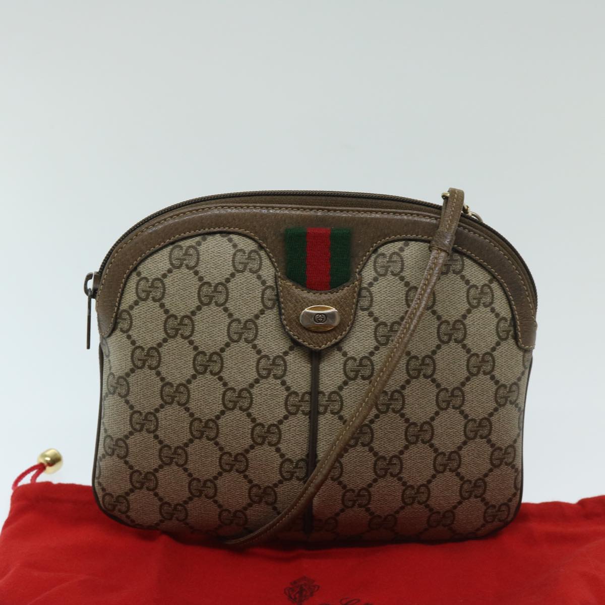 GUCCI GG Supreme Web Sherry Line Shoulder Bag Beige Red 904 02 047 Auth ki4229