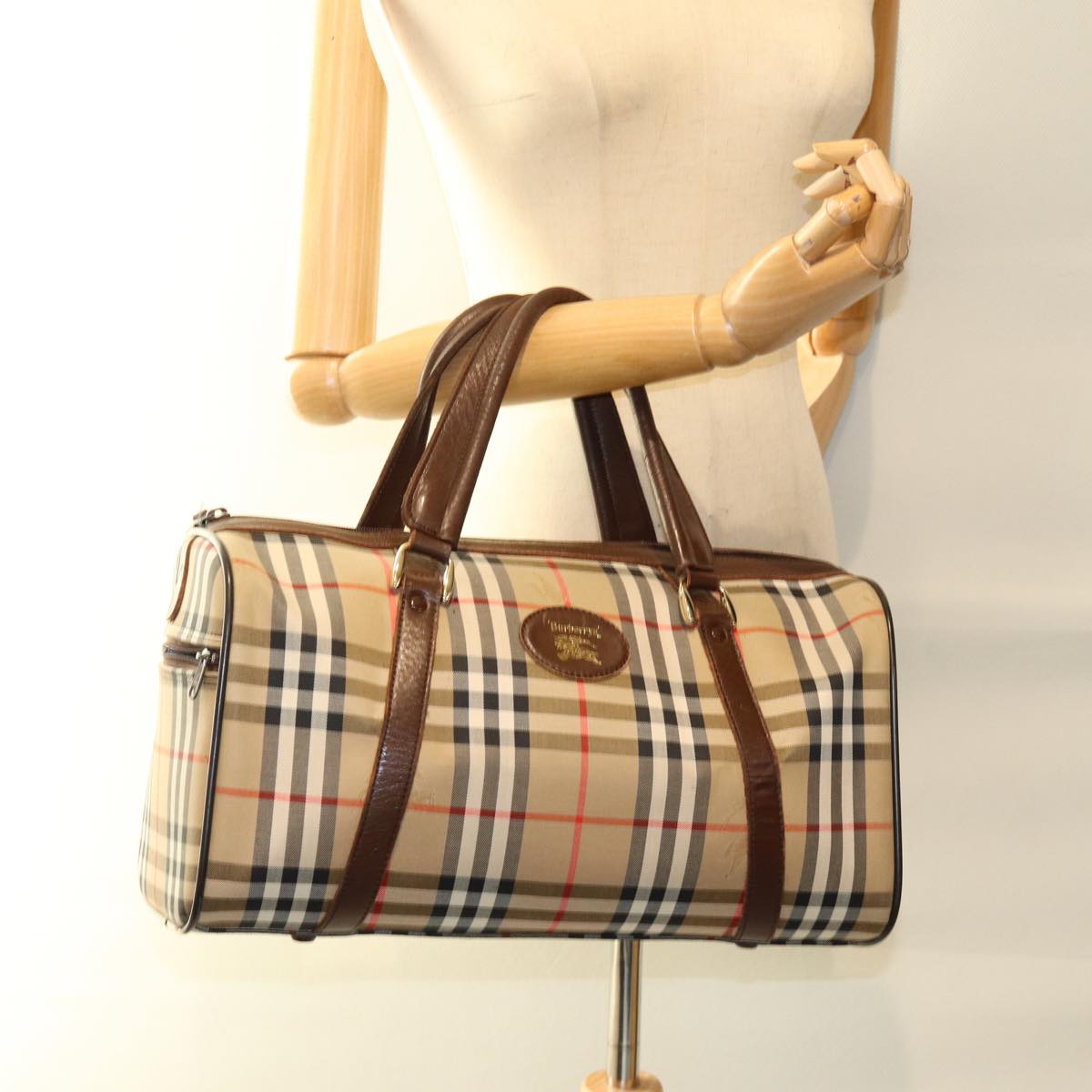 Burberrys Nova Check Boston Bag Canvas Beige Auth ki4441