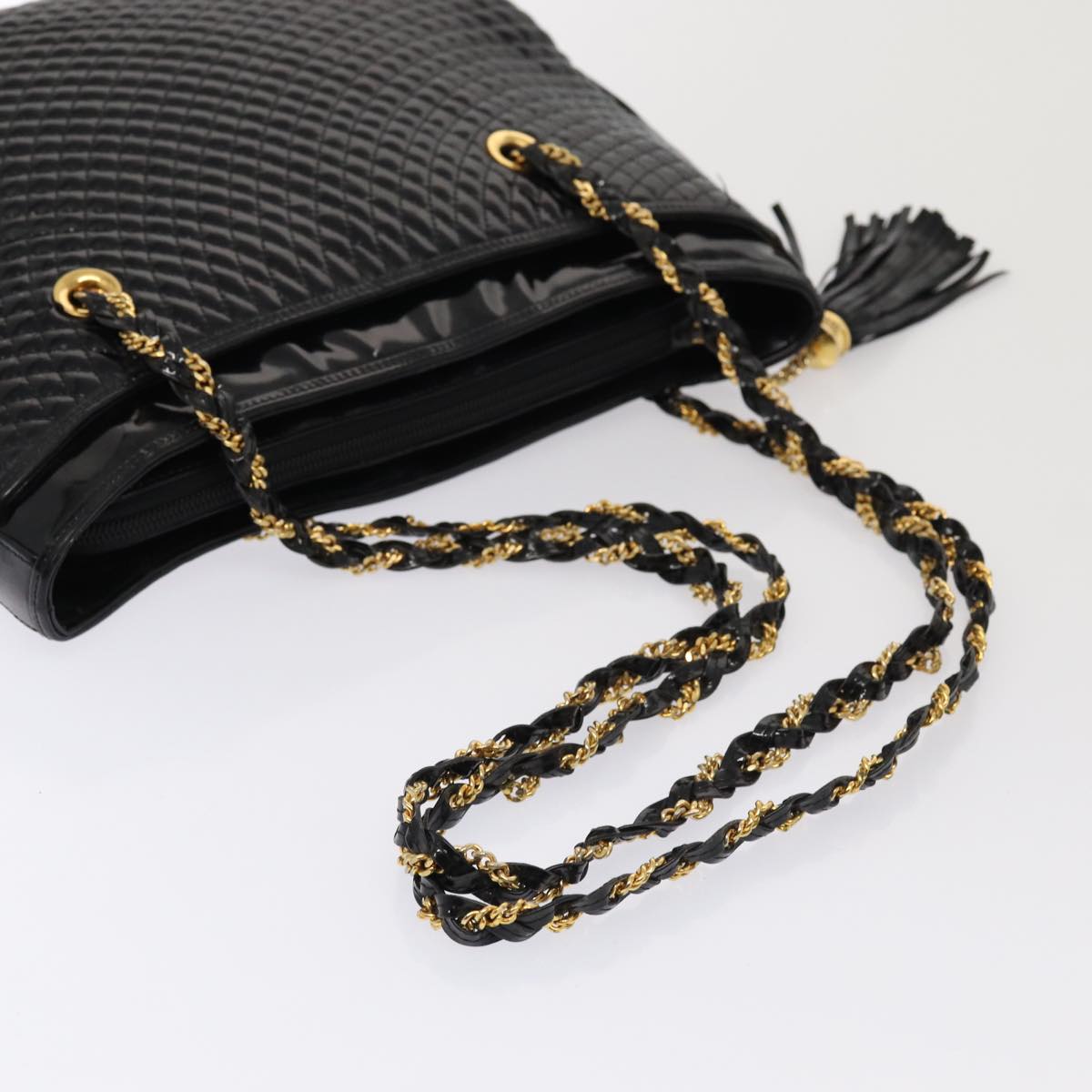 BALLY Chain Fringe Shoulder Bag Enamel Black Auth ki4592