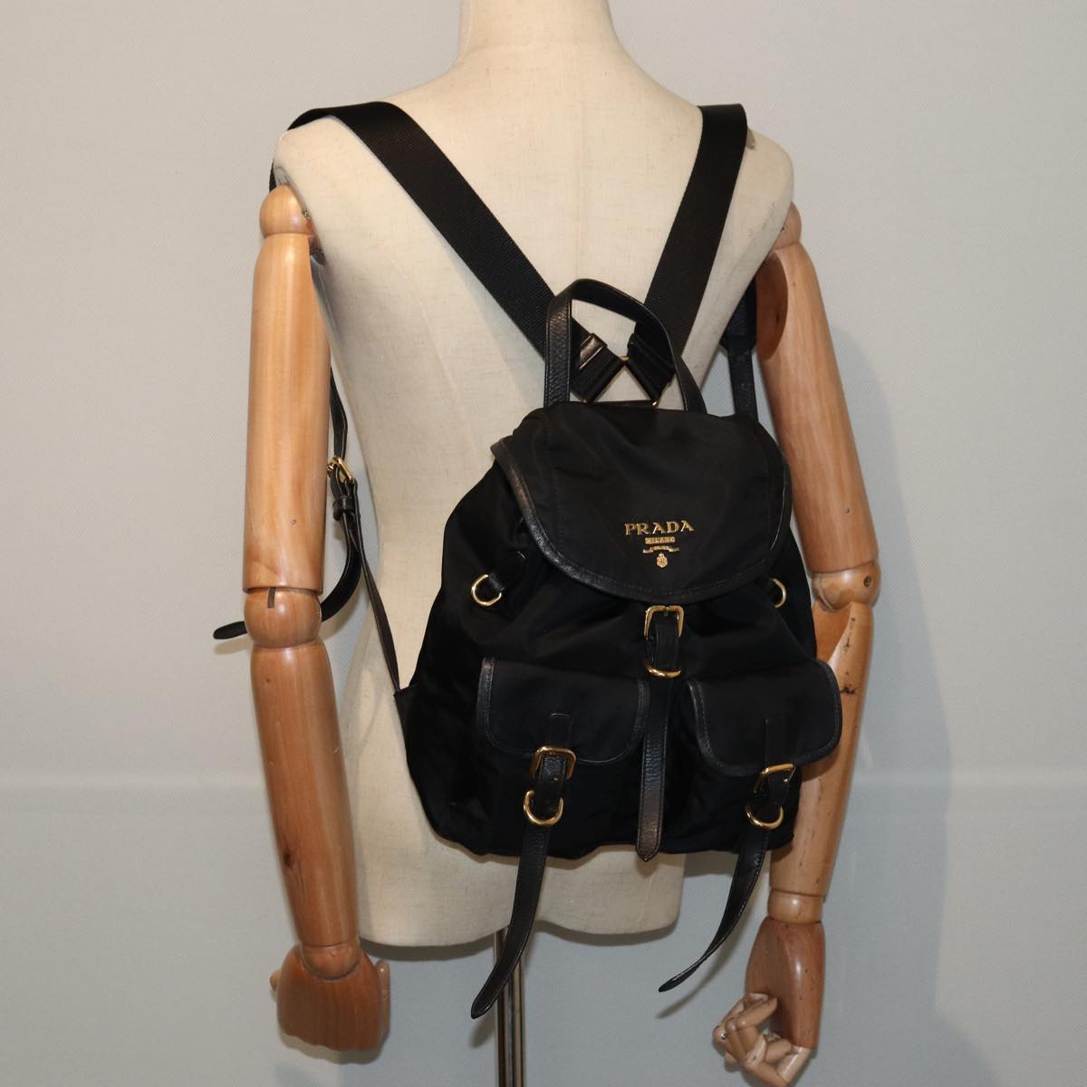 PRADA Backpack Nylon Leather Black Auth ki4650