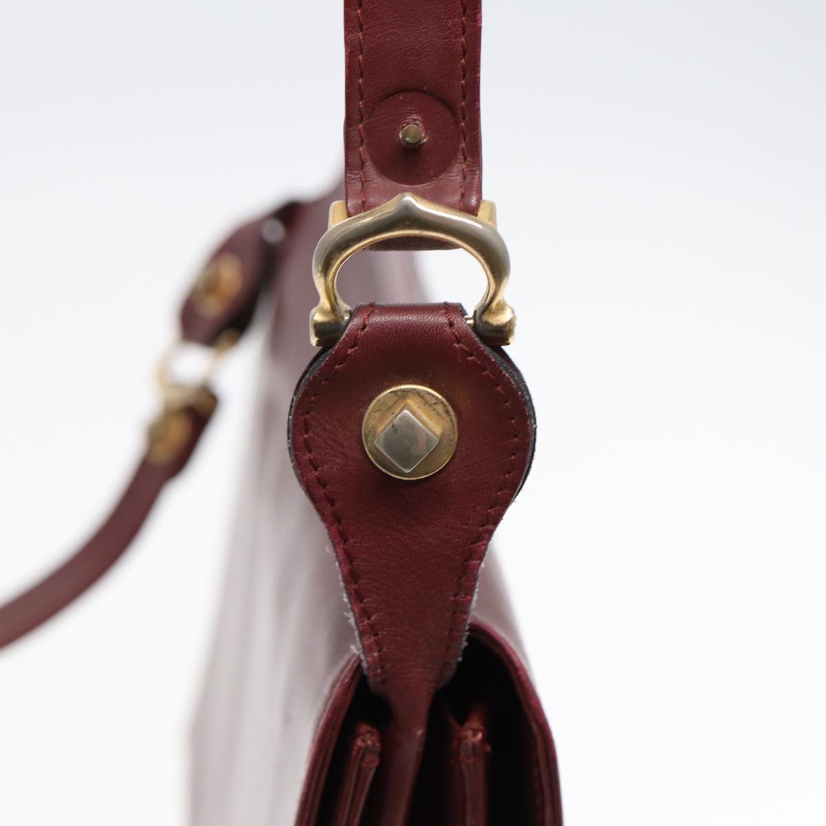 CARTIER Shoulder Bag Leather Bordeaux Gold Auth ki4792