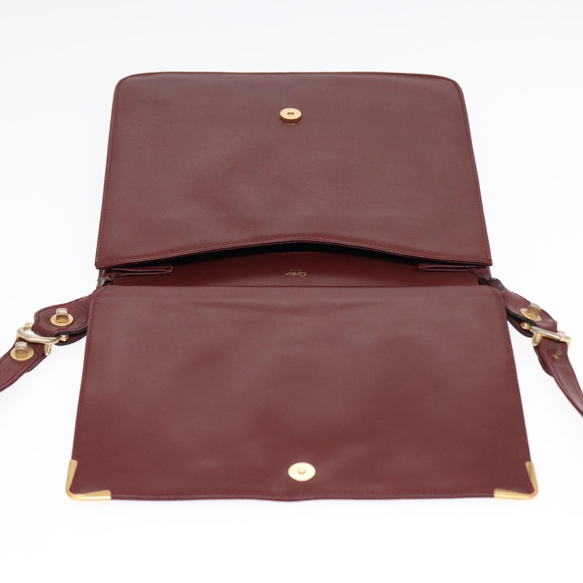 CARTIER Shoulder Bag Leather Bordeaux Gold Auth ki4792