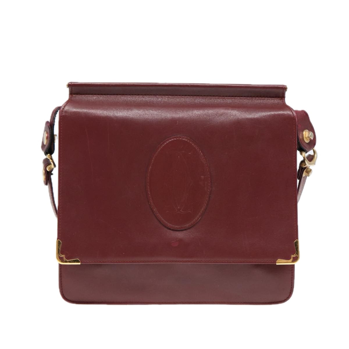 CARTIER Shoulder Bag Leather Bordeaux Gold Auth ki4792