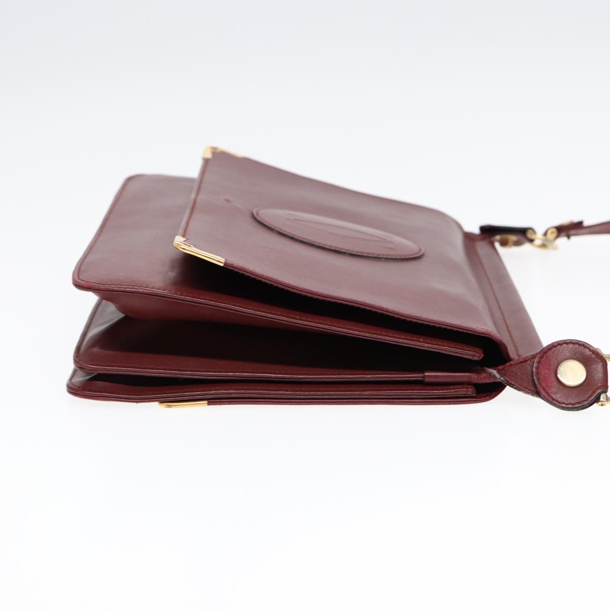 CARTIER Shoulder Bag Leather Bordeaux Gold Auth ki4792