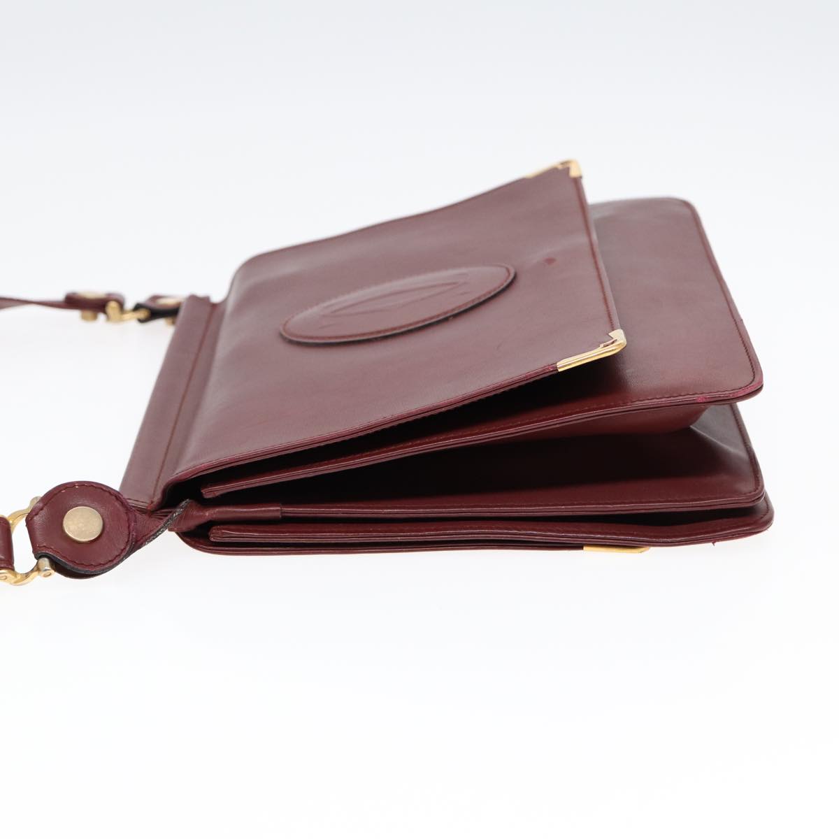 CARTIER Shoulder Bag Leather Bordeaux Gold Auth ki4792