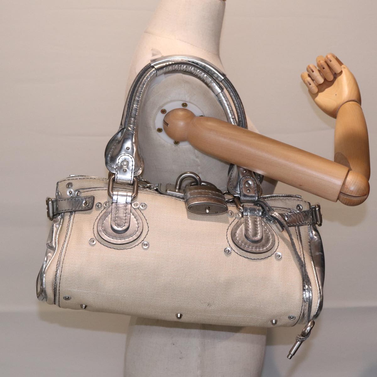 Chloe Paddington Hand Bag Canvas Leather Beige Silver Auth ki4883