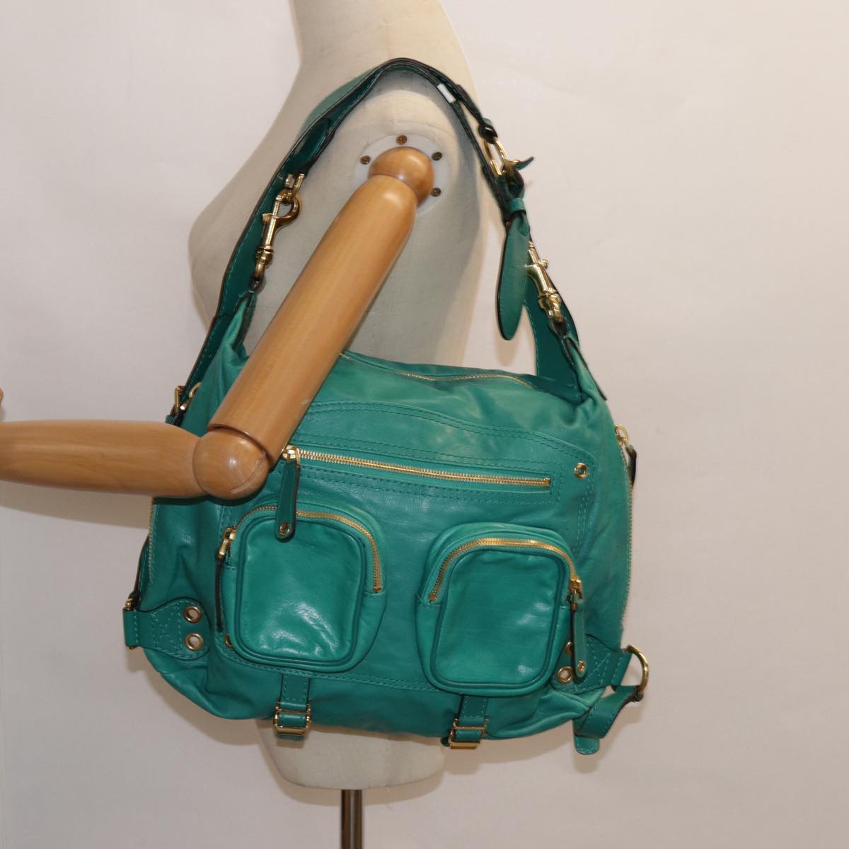 GUCCI Backpack Leather Green Gold Auth ki4889