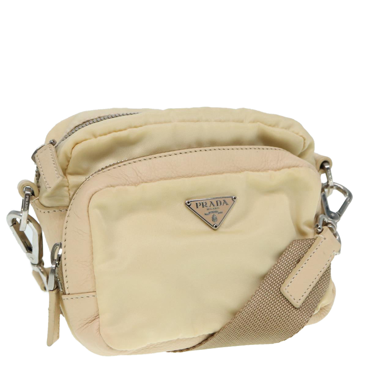 PRADA Pouch Nylon Beige Silver Auth ki4892