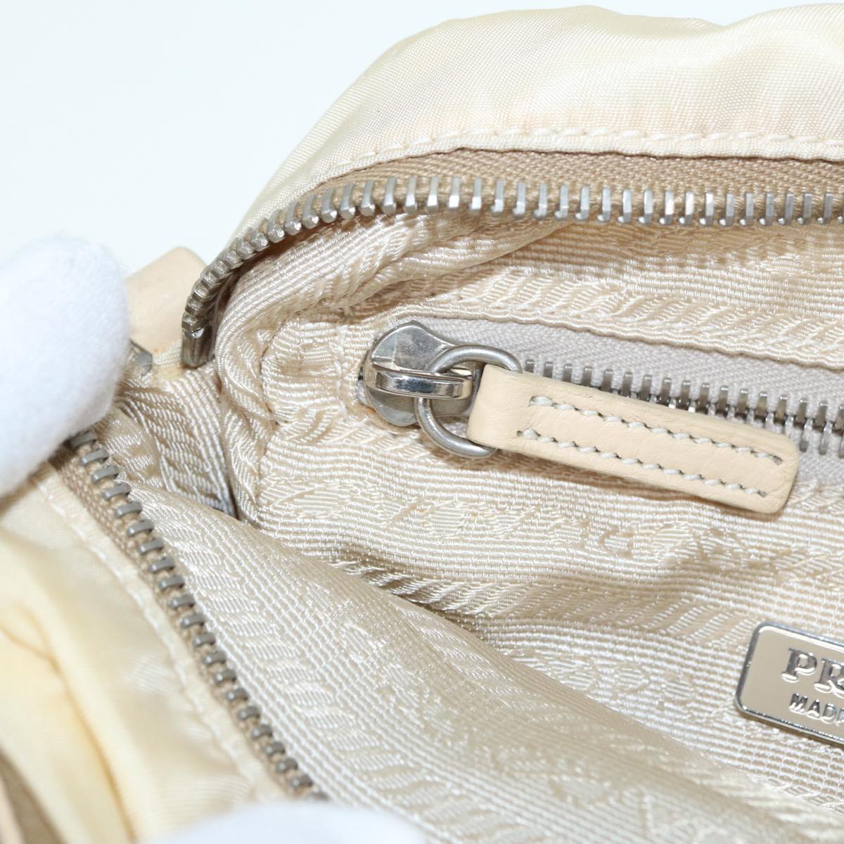 PRADA Pouch Nylon Beige Silver Auth ki4892