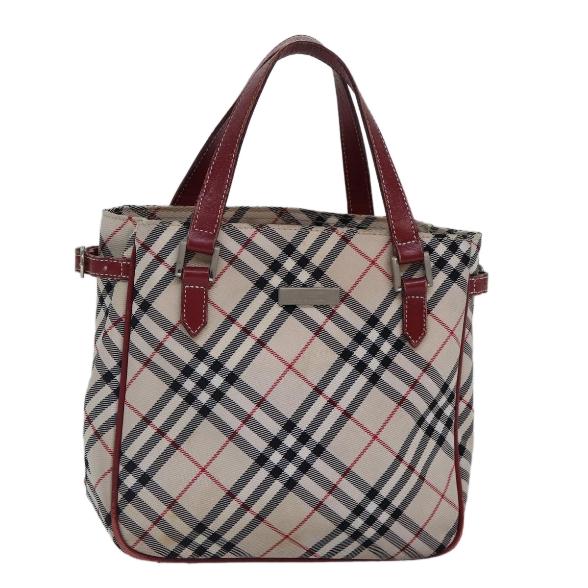 BURBERRY Nova Check Blue Label Hand Bag Nylon Red Beige Silver Auth ki4893