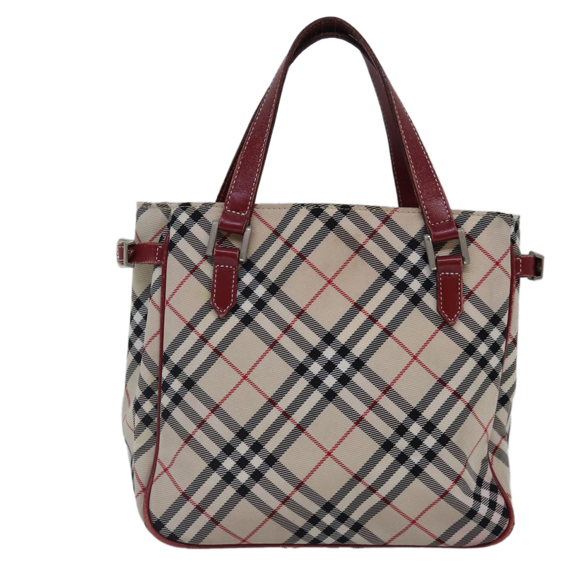 BURBERRY Nova Check Blue Label Hand Bag Nylon Red Beige Silver Auth ki4893