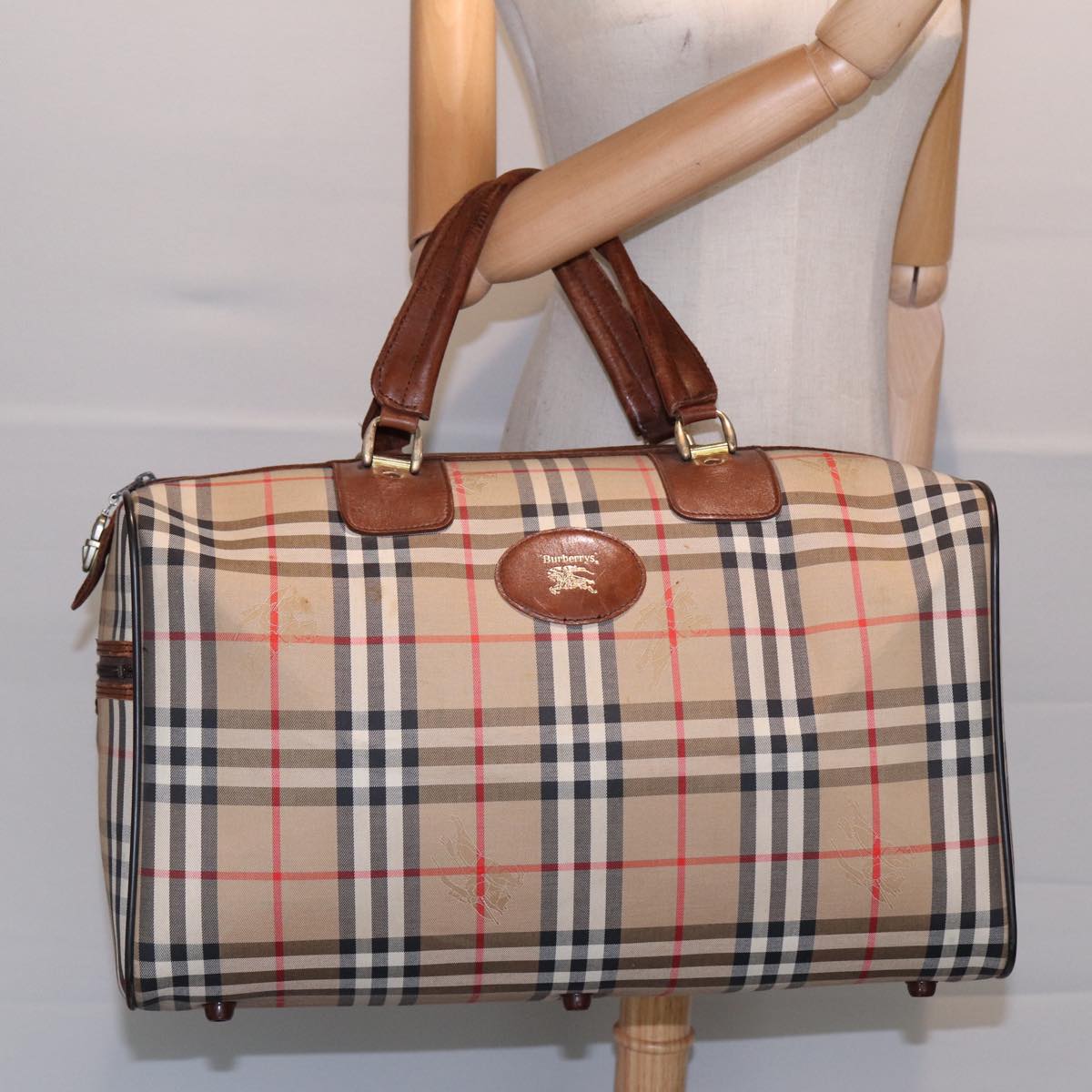 Burberrys Nova Check Boston Bag Canvas Beige Auth ki4894