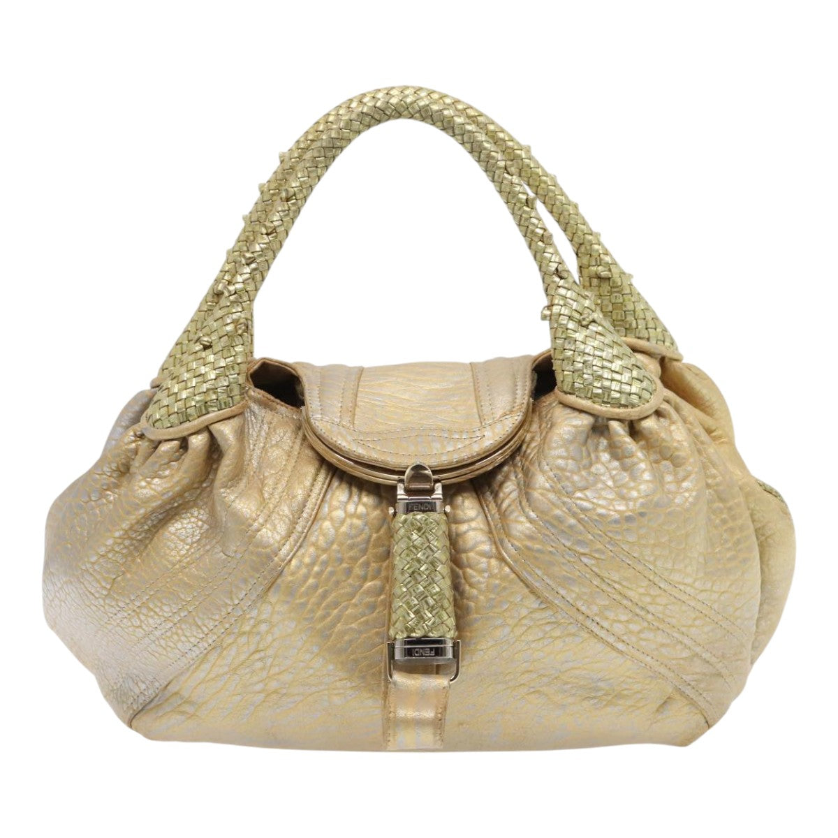 FENDI Spy Hand Bag Leather Gold Tone Auth ki4970