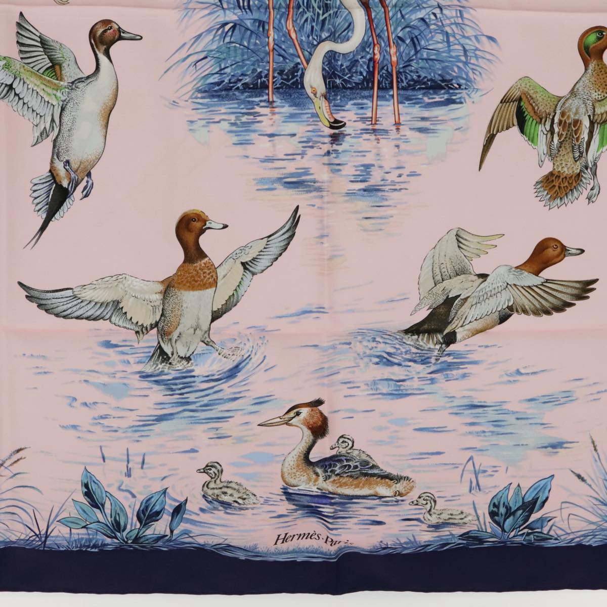 HERMES Carre 90 Scarf ""Halte en Camargue"" Silk Blue Pink Auth ki4980