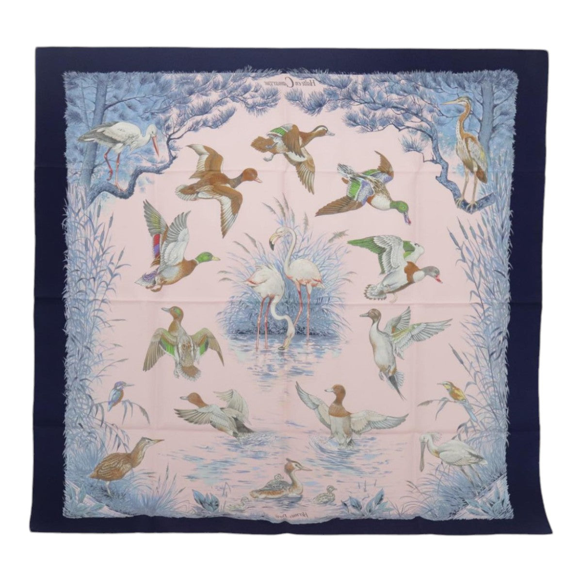 HERMES Carre 90 Scarf ""Halte en Camargue"" Silk Blue Pink Auth ki4980