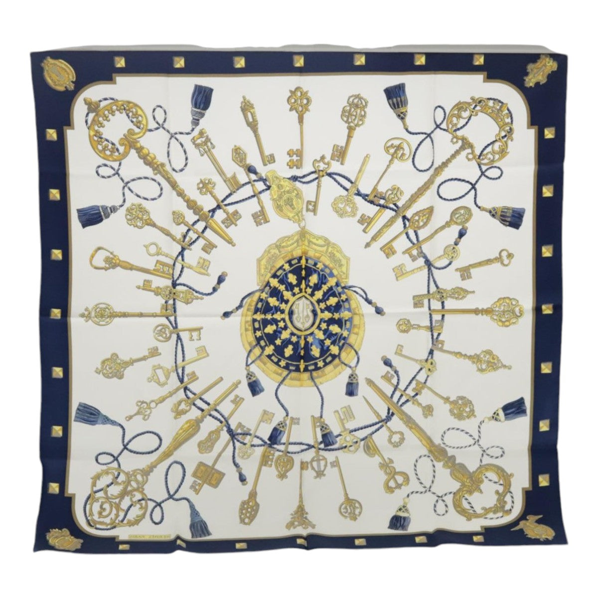 HERMES Carre 90 Scarf Silk White Blue Auth ki4981