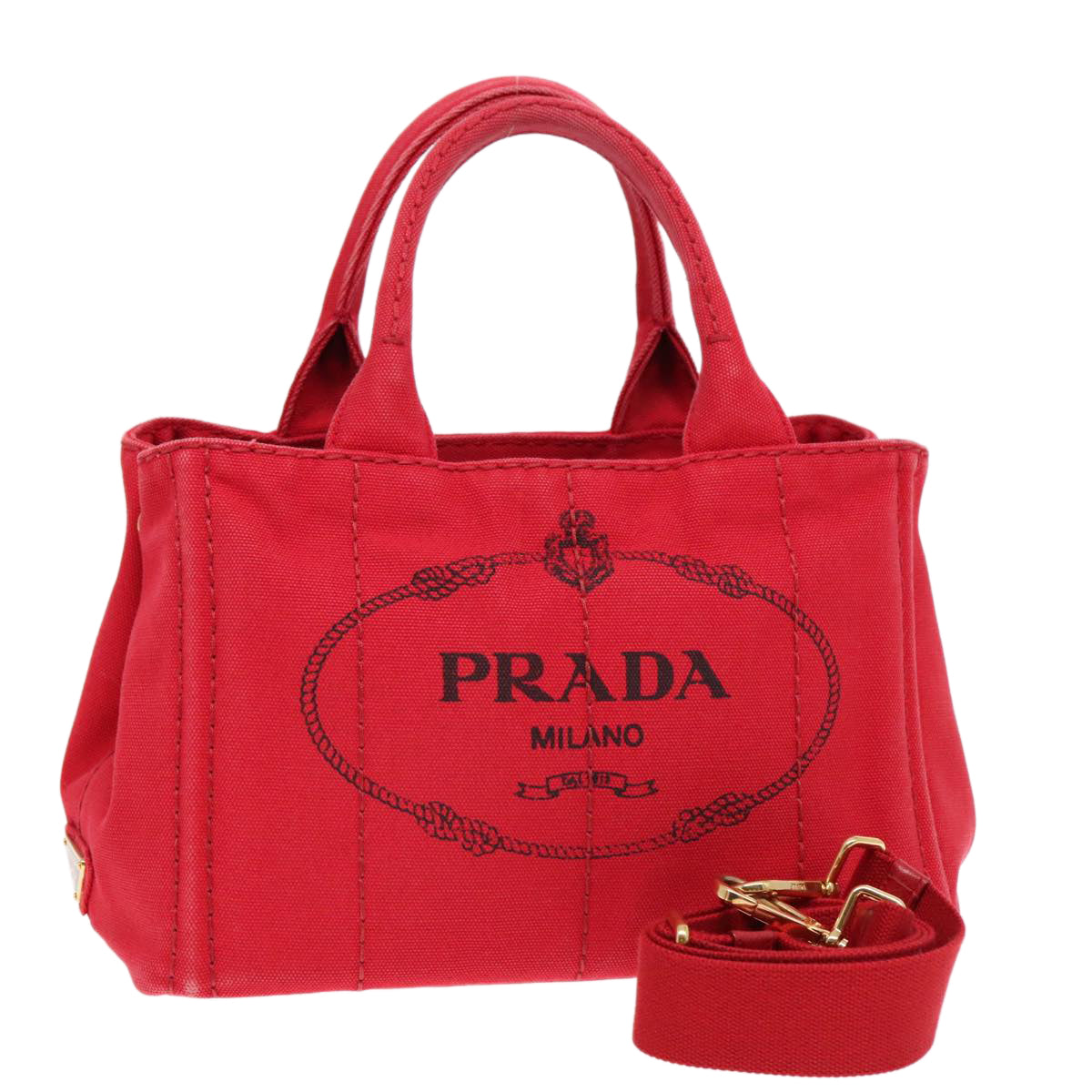 PRADA Canapa PM Hand Bag Canvas 2way Red Gold Auth ki4999