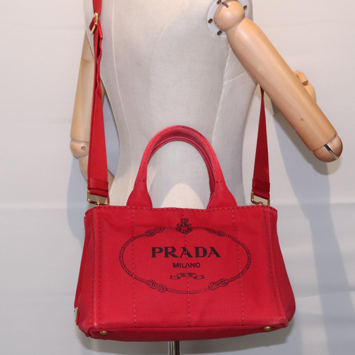 PRADA Canapa PM Hand Bag Canvas 2way Red Gold Auth ki4999