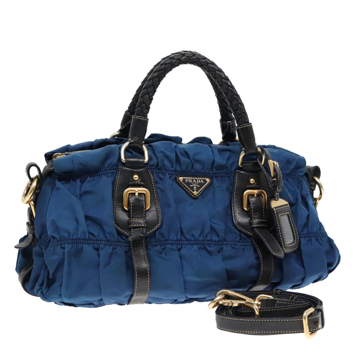 PRADA Gathered Hand Bag Nylon Leather 2way Blue Gold Auth ki5003