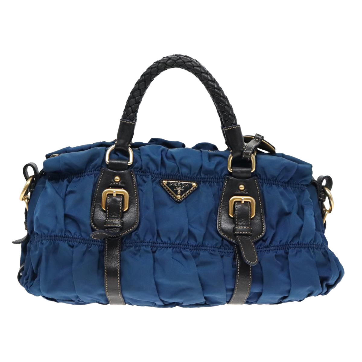 PRADA Gathered Hand Bag Nylon Leather 2way Blue Gold Auth ki5003