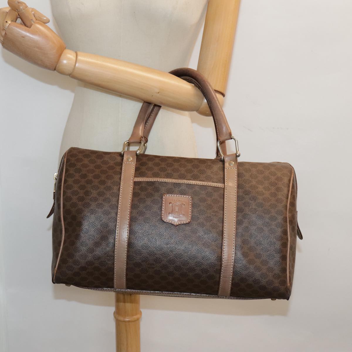 CELINE Mini Macadam Canvas Boston Bag PVC Leather Brown Gold Auth ki5004